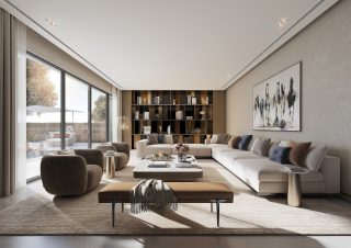salon moderne avec canapé en L et patio extérieur