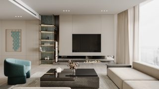 salon luxueux avec cheminée et vue sur la ville