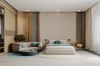 chambre studio moderne avec accents bleu sarcelle et lumière naturelle