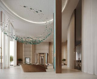 hall moderne avec lustre inspiré des vagues et lumière naturelle