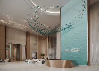 hall spacieux et luxueux avec lustre en forme de vague