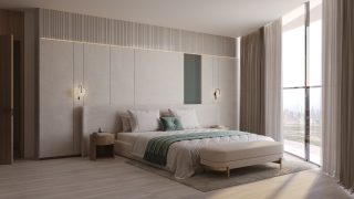 chambre luxueuse avec grand lit et vue sur l'horizon de la ville
