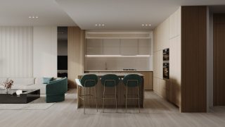 salon et cuisine à plan ouvert modernes aux tons beiges