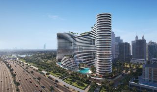 vue extérieure du bâtiment Aquarise avec terrasses et piscine