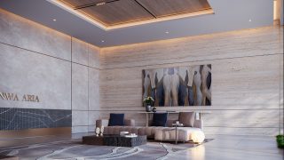 Hall luxueux avec plafonds hauts et finitions en marbre