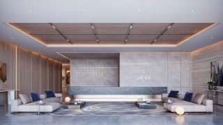 Hall d'appartement luxueux avec réception en marbre et canapés