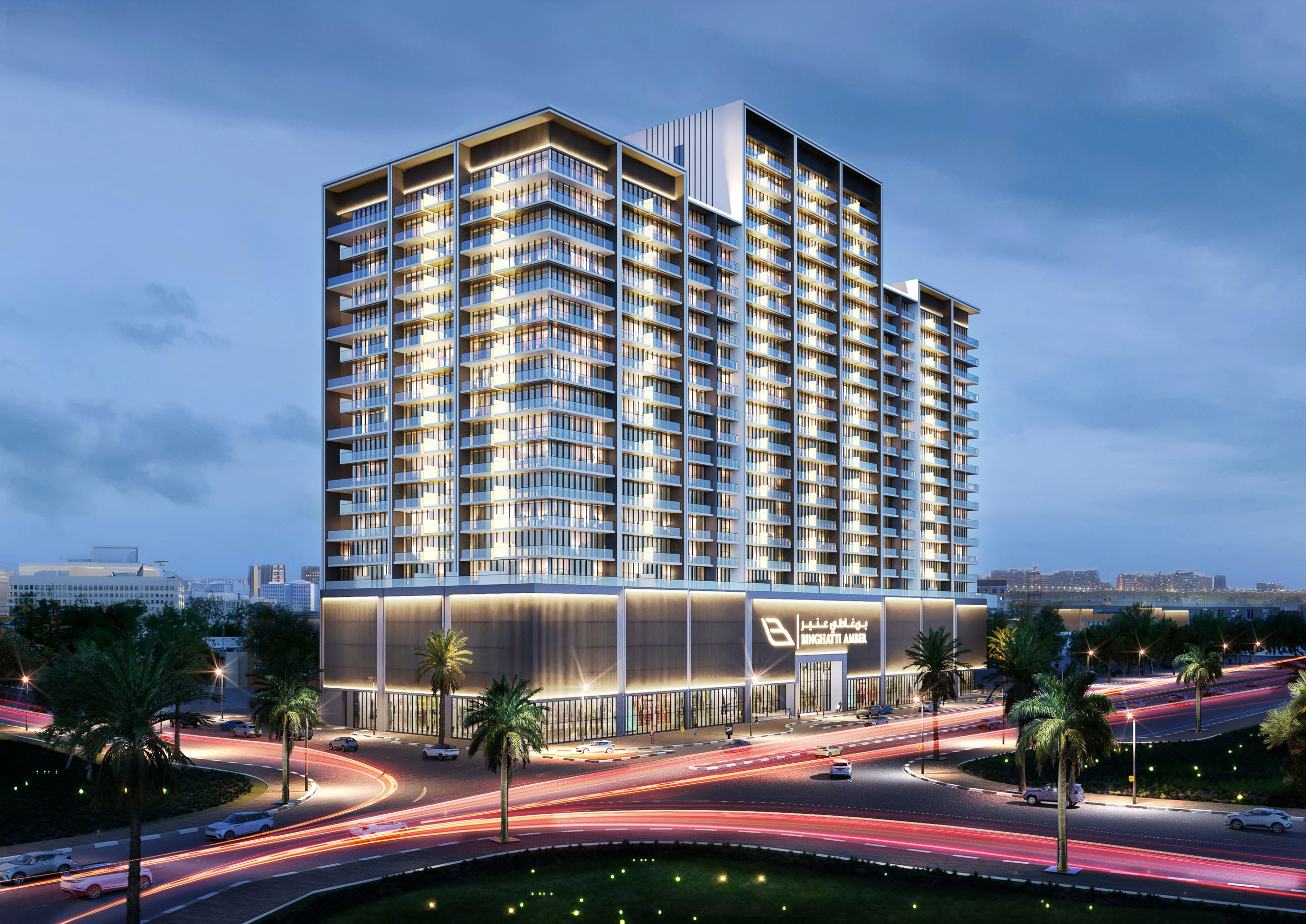 Bâtiment Binghatti Amber illuminé avec balcons entrelacés la nuit