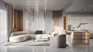 Salon moderne élégant avec cuisine et espace salle à manger