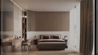 luxury bedroom with wood accent walls and large windows