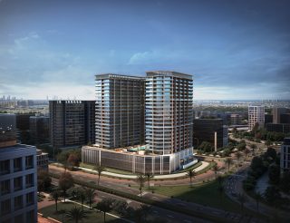 Tour résidentielle moderne avec design incurvé et façade en verre