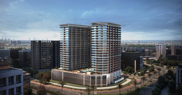 Tour résidentielle moderne avec design incurvé et façade en verre