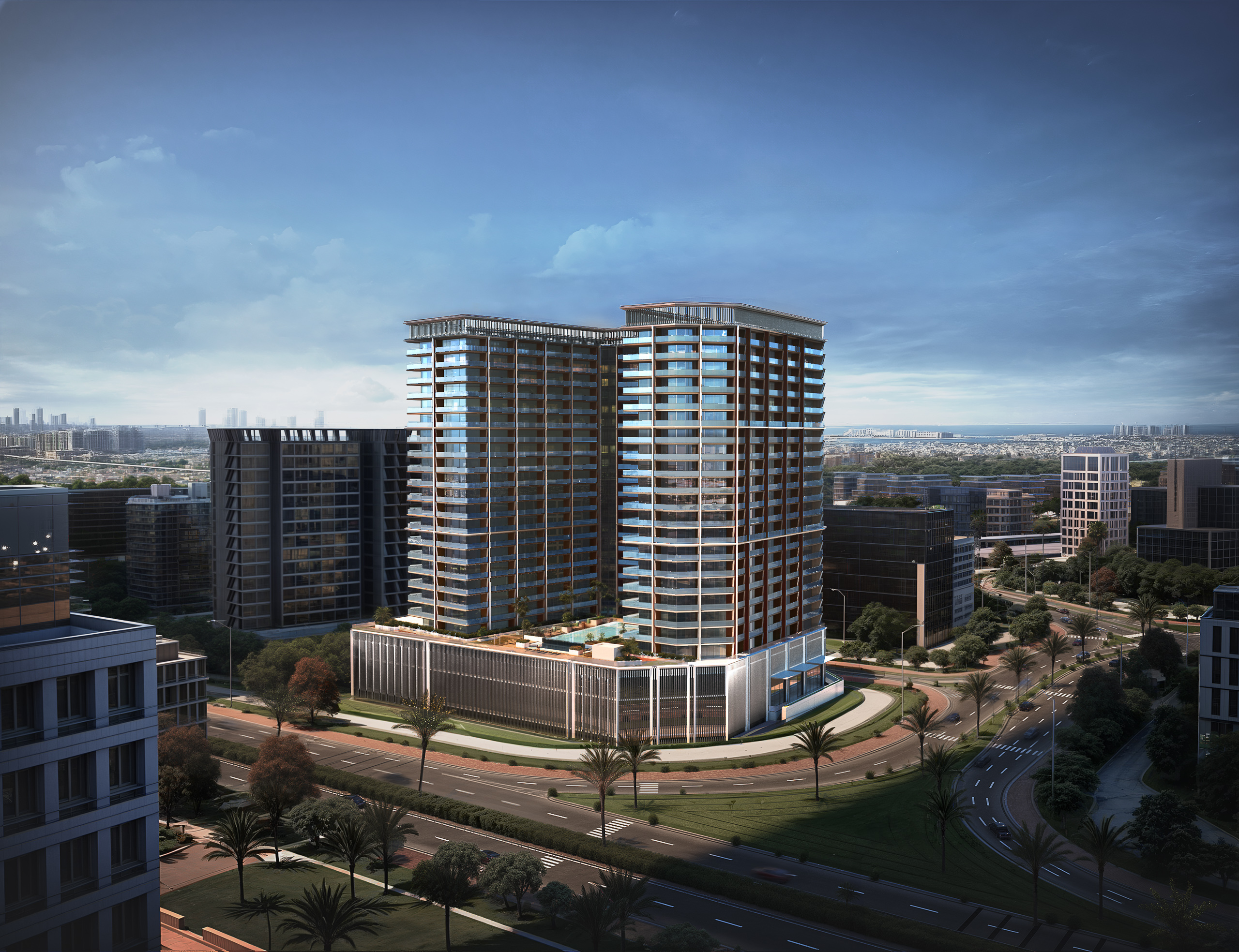 Tour résidentielle moderne avec design incurvé et façade en verre