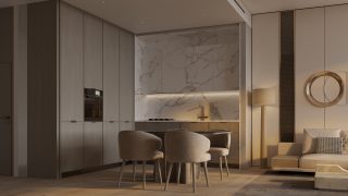 Cuisine moderne avec marbre et espace de vie beige