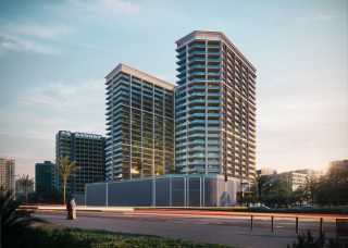 Immeuble résidentiel moderne de grande hauteur avec balcons et vues sur la ville
