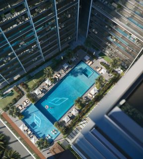 Vue aérienne de la piscine résidentielle et du salon à Dubaï