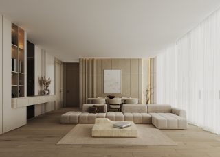 Salon moderne avec canapé d'angle beige et panneaux en bois