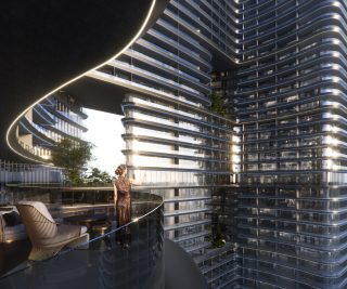 Immeuble de grande hauteur moderne avec balcons incurvés et femme sur la terrasse