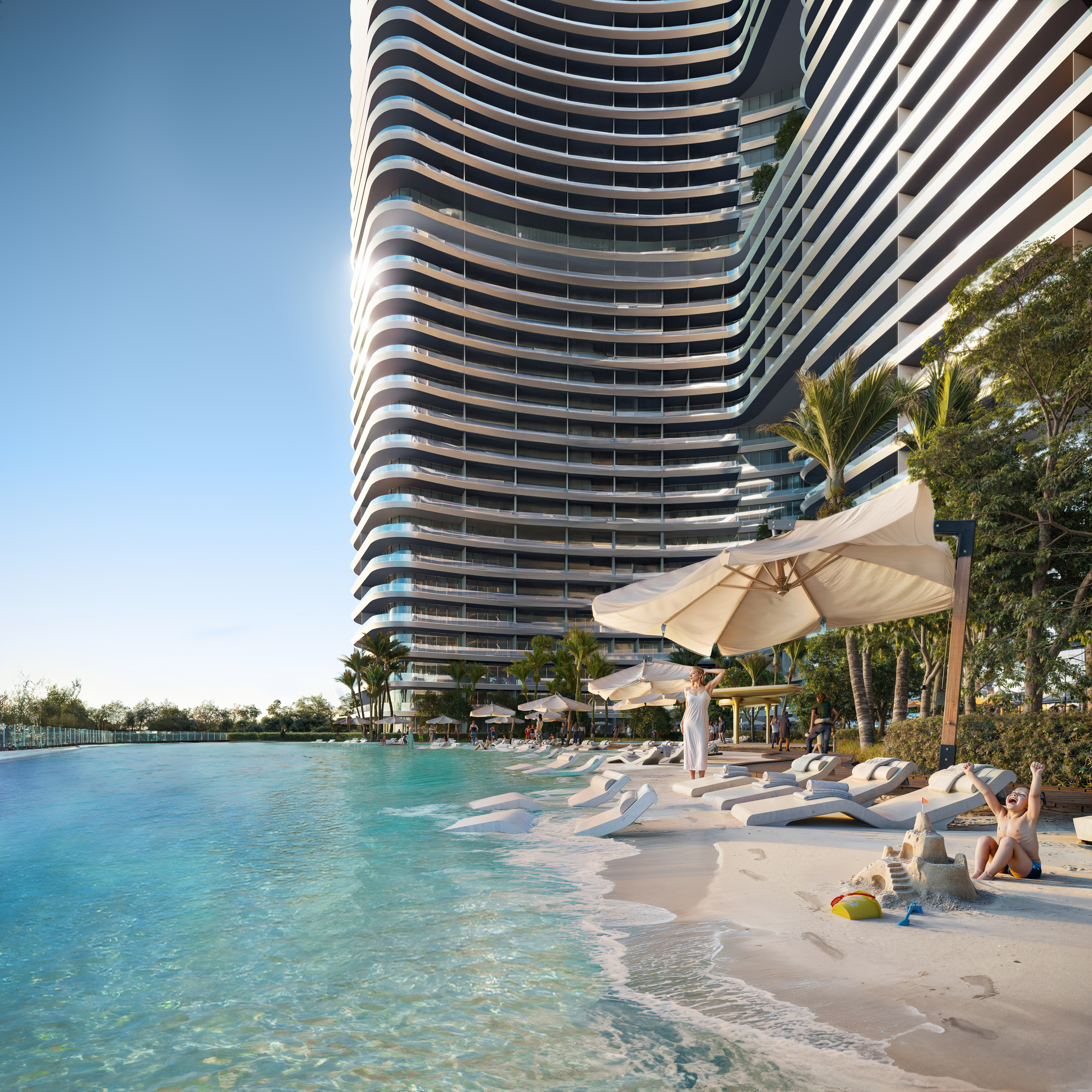 Immeuble résidentiel moderne avec balcons ondulés et salon de plage