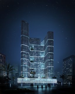 Gratte-ciel moderne avec terrasses incurvées et végétation la nuit