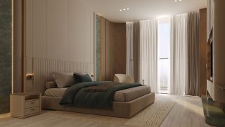 chambre luxueuse avec grandes fenêtres et décor serein