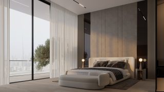 Chambre moderne avec vue panoramique sur la ligne d'horizon de Dubaï