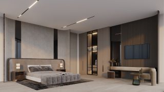 Chambre principale moderne luxueuse avec lumière naturelle