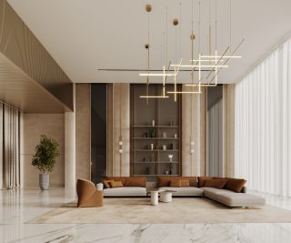 Salon moderne lumineux avec canapé d'angle, lustre