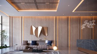 Hall luxueux avec panneaux en bois et canapé