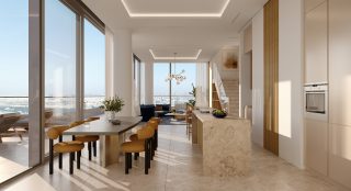 Cuisine moderne lumineuse avec vue sur la ligne d'horizon de la mer