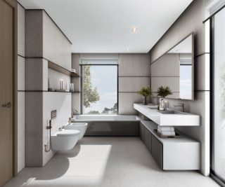 salle de bains de villa luxueuse avec baignoire, fenêtre et meuble-vasque