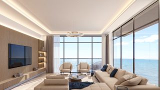 Salon lumineux avec vues sur la mer et la ligne d'horizon de la ville