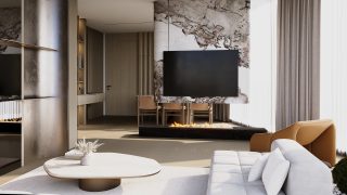 bright living room with white sofa and natural stone wall