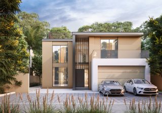 vue de face d'une villa moderne luxueuse avec allée et véhicules