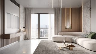 Salon d'appartement moderne avec canapé, table basse et télévision