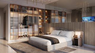 Chambre moderne avec tête de lit en bois et penderie ouverte