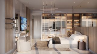 Chambre moderne avec cloison en bois et tons neutres