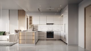 Cuisine d'appartement moderne avec placards gris clair et dosseret en marbre
