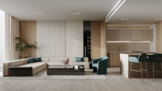 salon moderne avec canapé beige et vue sur la ville