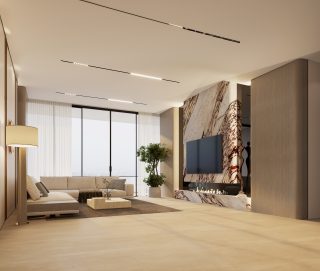 Salon avec mur d'accent en marbre et vue sur la ville