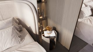 Coin chambre moderne avec literie luxueuse, table de chevet, fleurs