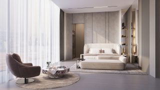 Chambre de studio moderne lumineuse avec lit blanc et fauteuil