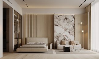 Chambre de studio moderne avec lit beige et espace de détente