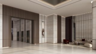Hall d'entrée moderne et élégant avec sols en marbre et espaces de repos