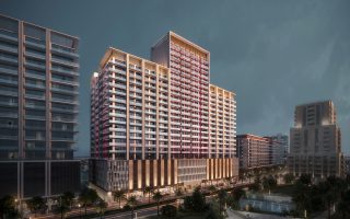 immeuble d'appartements Ruby avec façade rouge et or