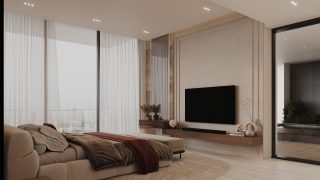 salon moderne avec canapé fenêtres du sol au plafond et vues sur la ville