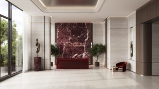 Hall d'entrée élégant avec mur en marbre rouge et plantes d'intérieur