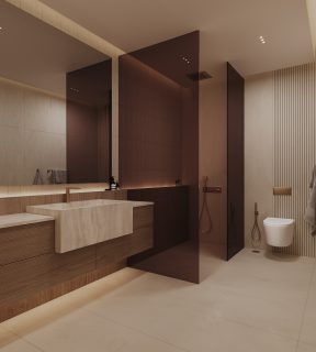 modern bathroom with wooden vanity and glass shower