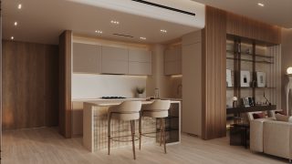 modern luxurious kitchen island and living space