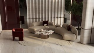 salon moderne avec canapé beige fauteuil rouge table en marbre