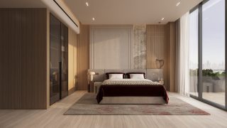 luxurious bedroom with bed balcony city view